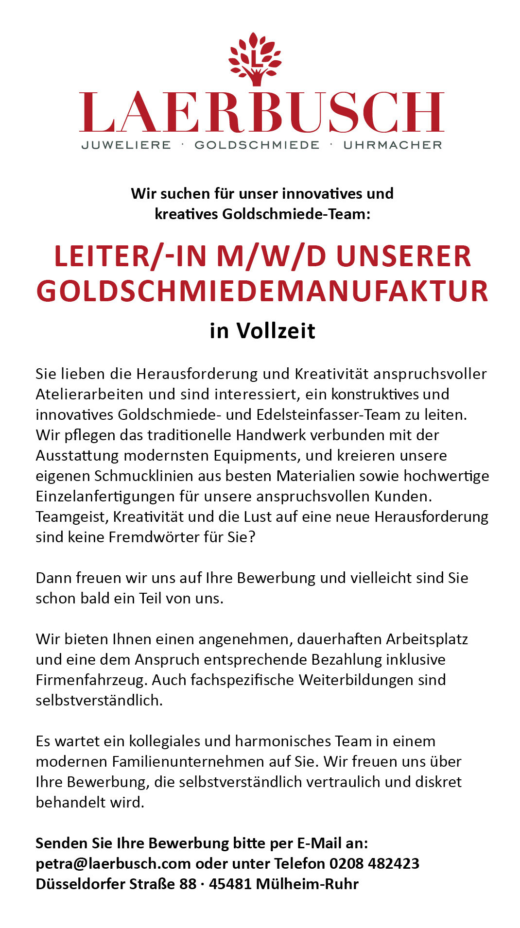 Juwelier Laerbusch - Karriere - Goldschmied*in, Uhrmachermeister*in, Verkäufer*n - Mülheim an der Ruhr - Rolex, Patek Philippe, Tudor