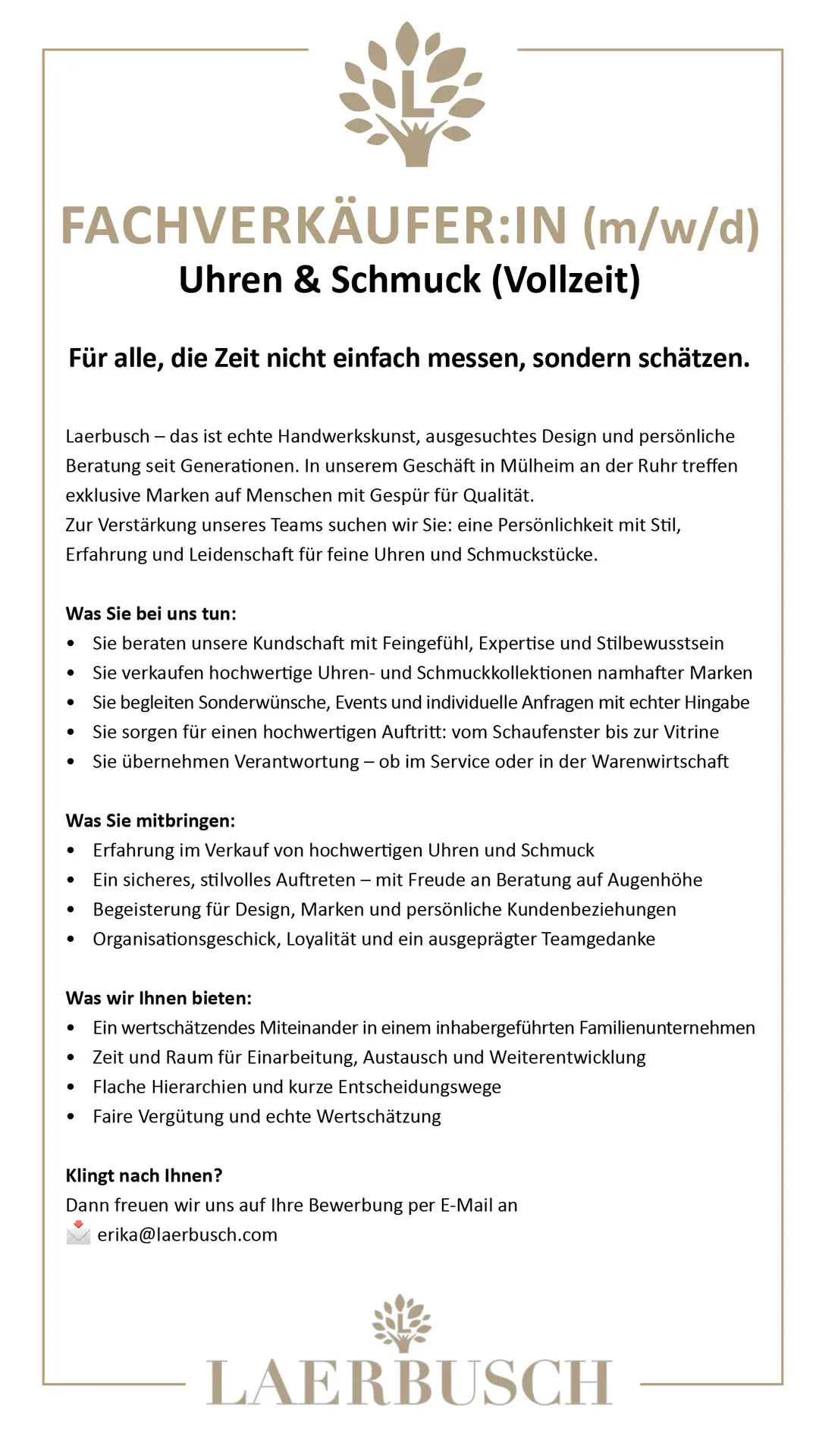 Juwelier Laerbusch - Stellenausschreibungen - Mülheim an der Ruhr